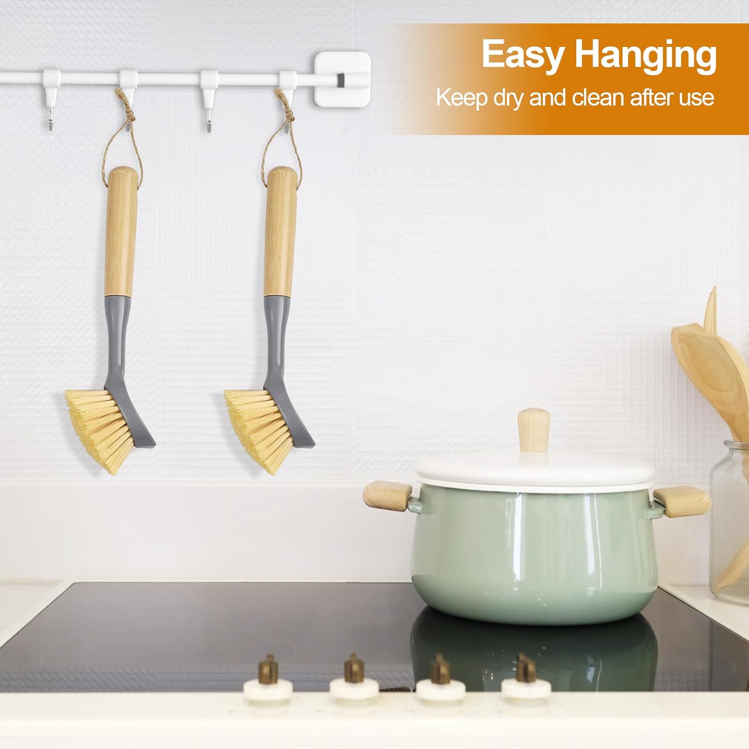 Kitchen Scrub Brushes with Bamboo Handle Built-in Scraper, Dish Brush for Cleaning Pans, Pots, Sink and Counter, 2 Pack - Image 8