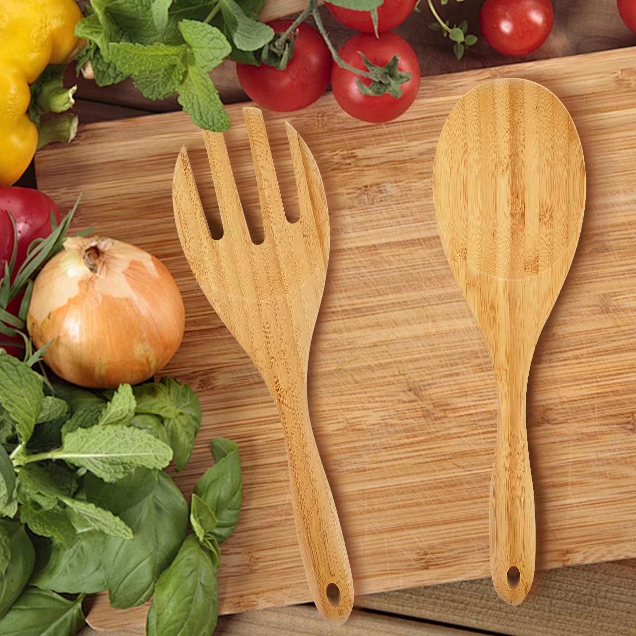 Youkoo 12 Inch Bamboo Wood Salad Servers, Cooking Utensils - Spoon and Fork - Image 6