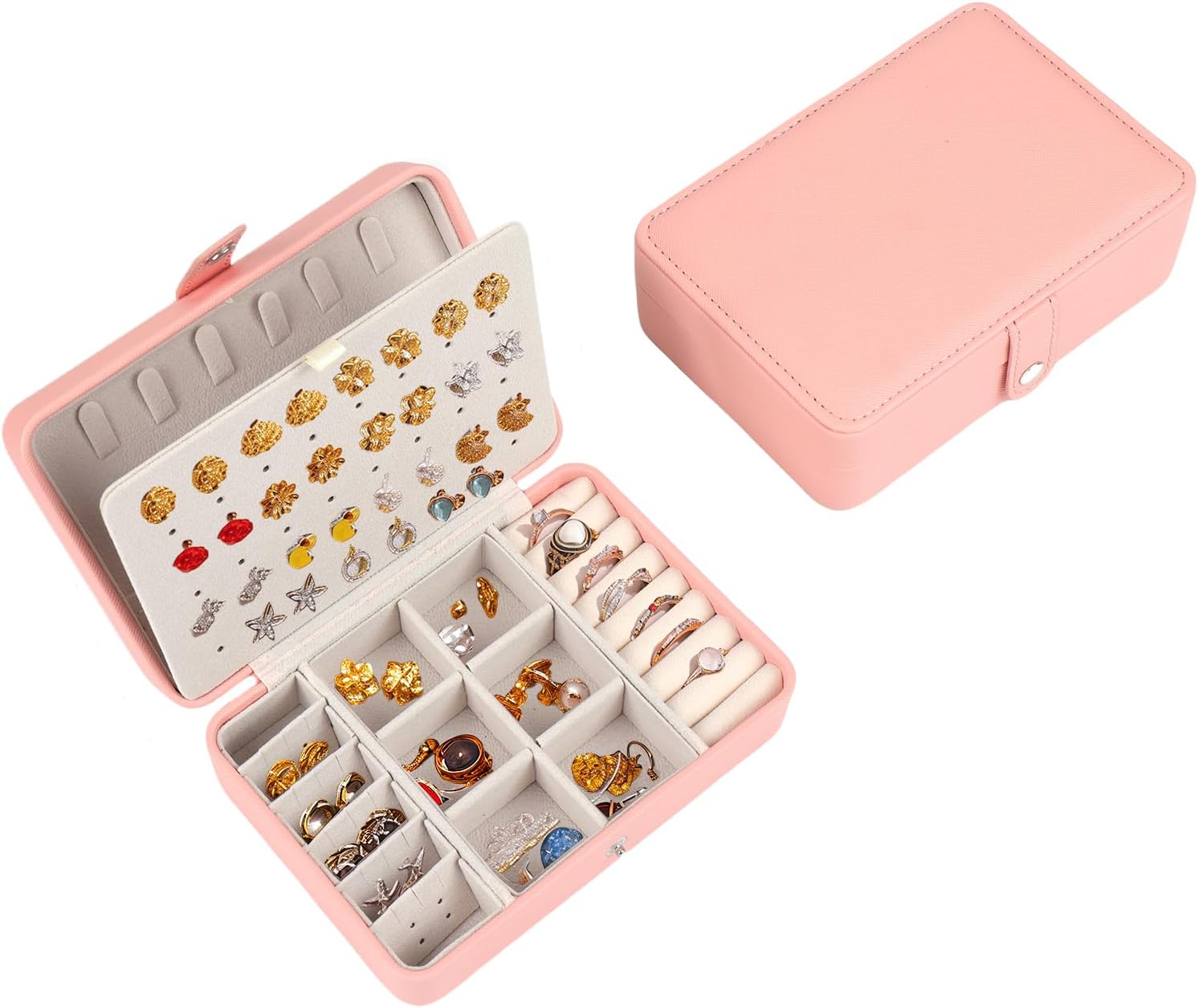 Travel Jewelry Box for Women - Pink PU Leather Portable Travel Jewelry Case with Earring Holder & Multi-Layer Organizer, Stylish Small Jewelry Storage Gift for Girls on The Go - Image 2