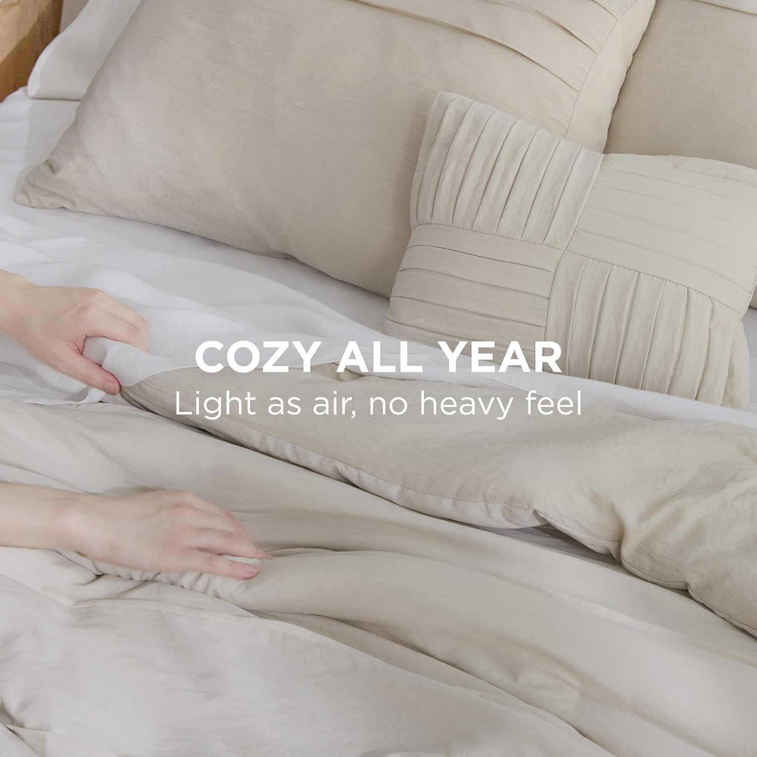 Bedsure California King Comforter Set - 4 Pieces Pinch Pleat Bed Set, Beige Boho Bedding for All Season, 1 Soft Comforter, 2 Pillowcases, 1 Decorative Pillow - Image 3