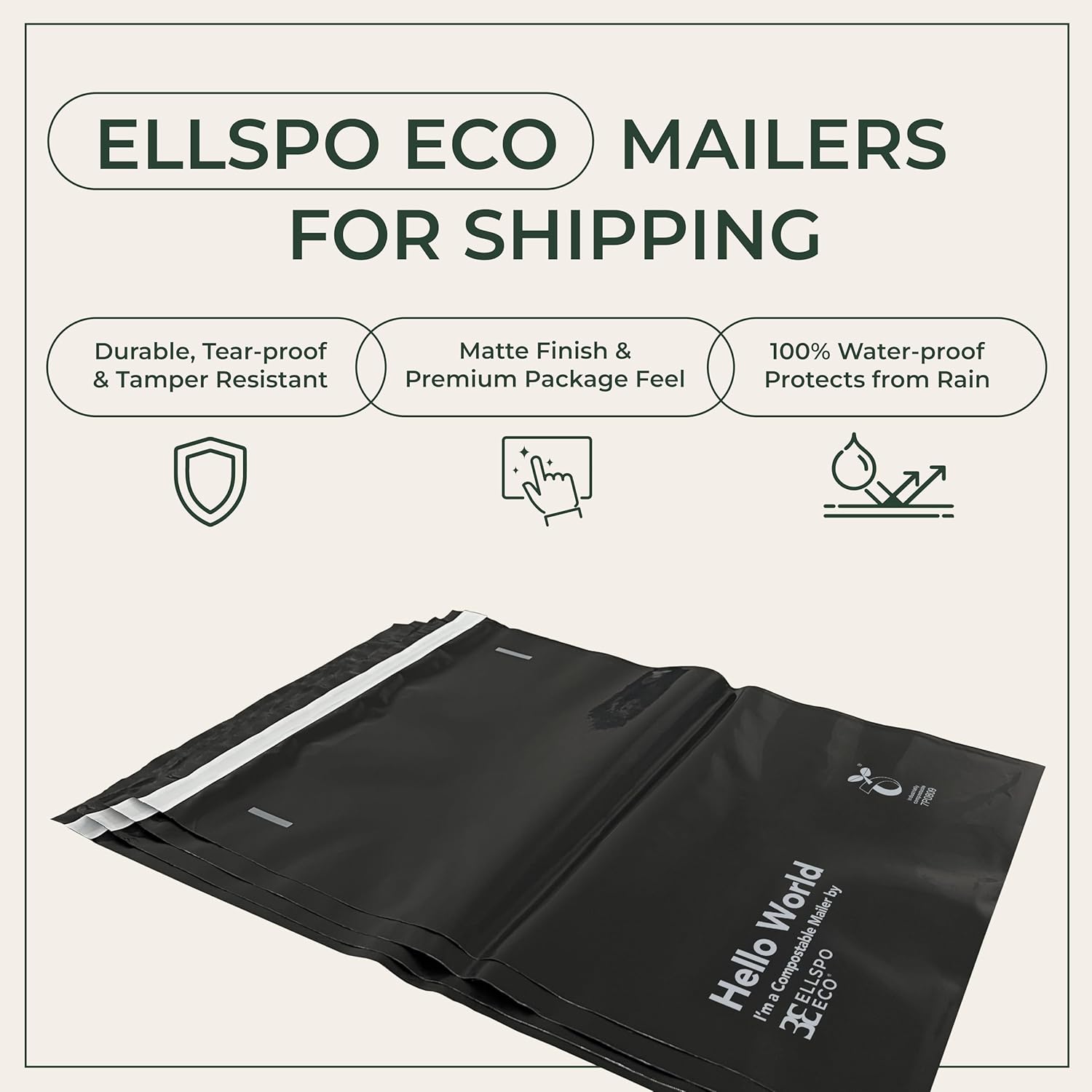 Eco Mailers by Ellspo Eco | 10x13 inch Certified Compostable Poly Shipping Bags, Pack of 50, Modern Matte Black Color, Sustainable Packaging Supplies - Image 3
