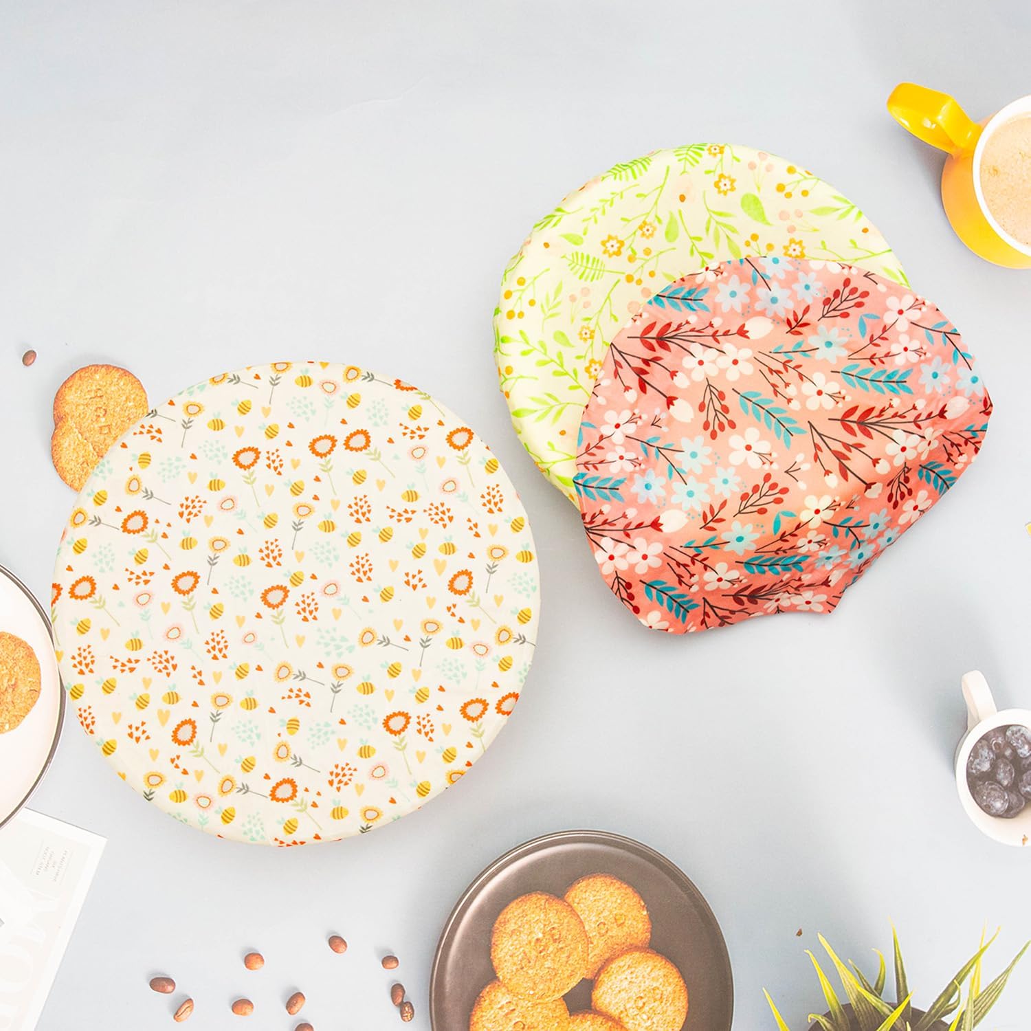 3 Pcs Reusable Bowl Lids - Eco Friendly Beeswax Food Packaging - Elastic Fabric Bowl Covers - Sustainable Food Storage Cotton Bread Lids for Leftover, Fruit, Salads - Image 7