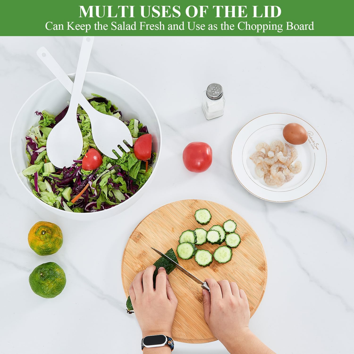 GEHE 12" Salad Bowls, Bamboo Fiber Salad Bowl with Lid, 7.7Qt Extra Large Mixing Bowls with Servers for Kitchen, Salad Serving Bowl Set with Utensils for Salad, Pasta, Fruits, Vegetables and Dessert - Image 4