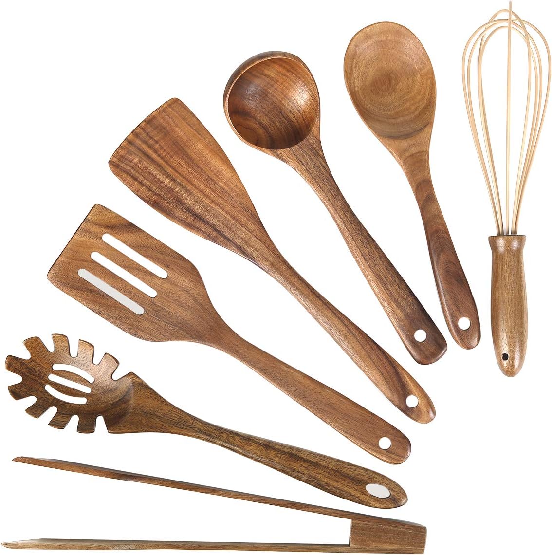 Wooden Utensil for Cooking, Wood Kitchen Utensils Cooking Set Teak Wood Spoons set for Cooking,Spatulas Non-Stick for Cookware Kitchen Spoon (7) - Image 2