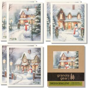 Home by GranolaGear-Christmas Swedish Dishcloths for Kitchen 6-Pack Reusable Paper Towels, Eco-Friendly, Compostable, Biodegradable Dish Wash Cloth Sponge, Winter Holiday Snowman Art-Cozy Snow Day