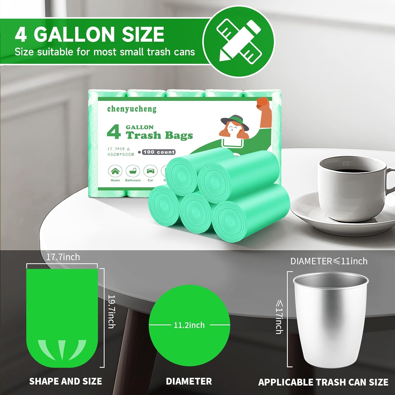 4 Gallon Small-Trash-Bag Unscented Bathroom Biodegradable - Mini Garbage Can Bags Green Compostable Kitchen Office Car Waste Basket Liners 100 count Tiny Strong Thick Chenyucheng - Image 4