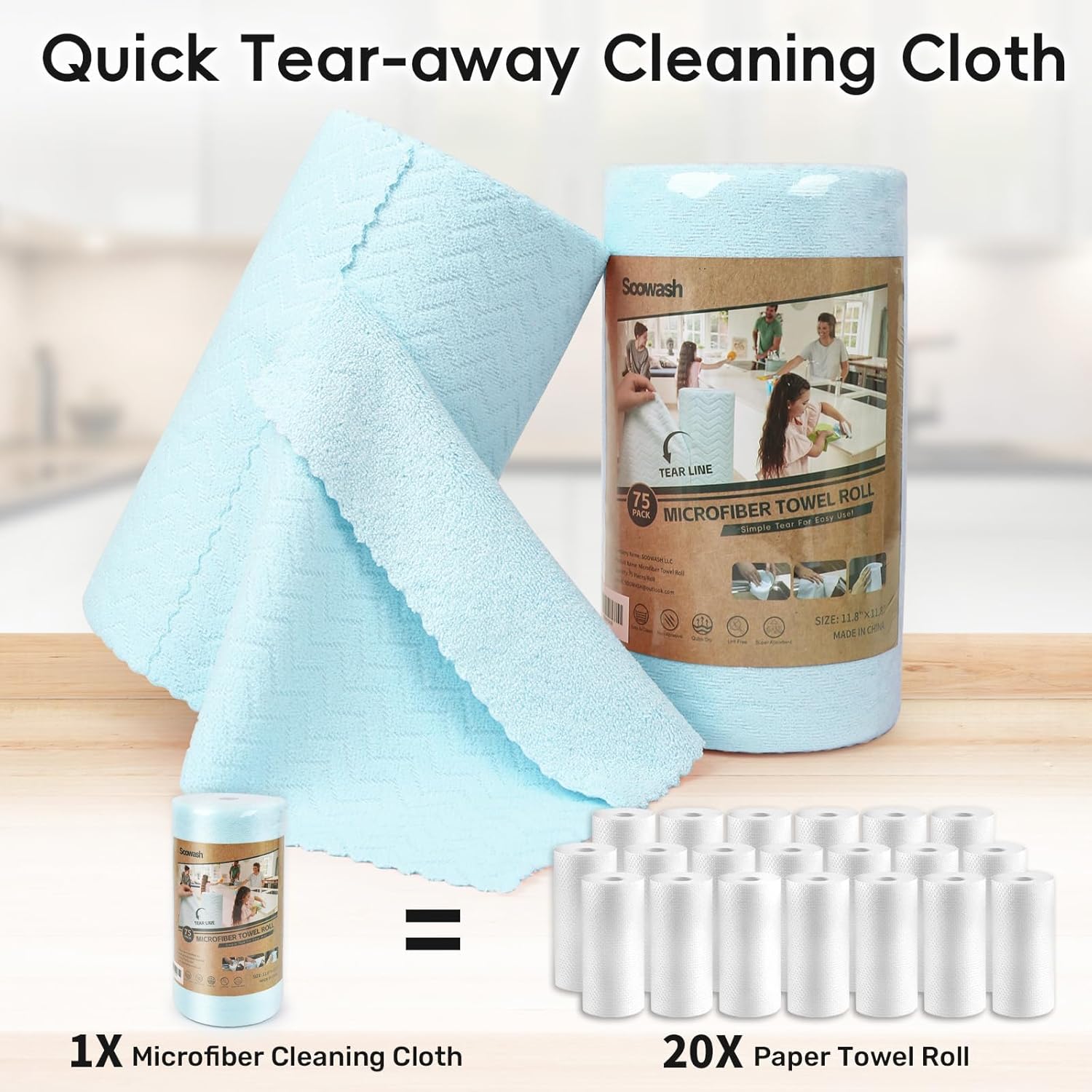 Microfiber Cleaning Cloths Roll, 75 Pack Tear Away Microfiber Towels Roll, 12" x 12" Lint Free Rags, Reusable Cleaning Cloths, Washable, Scratch Free,Ultra Absorbent Dish Rags(Blue Ripple) - Image 3