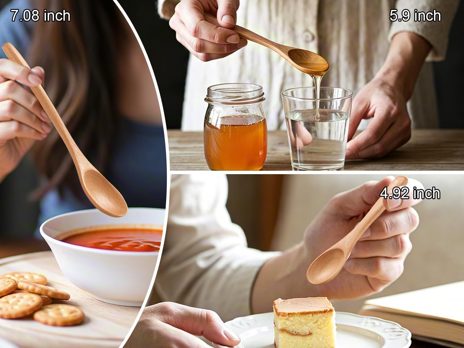 6 Piece Wooden Spoons Set - Premium Beech Wood Small Spoons in 3 Sizes (4.9", 5.9", 7.1") for Honey, Tea, Coffee, Multi-Purpose Mini Teaspoons Utensils for Ice Cream and Soup - Image 5