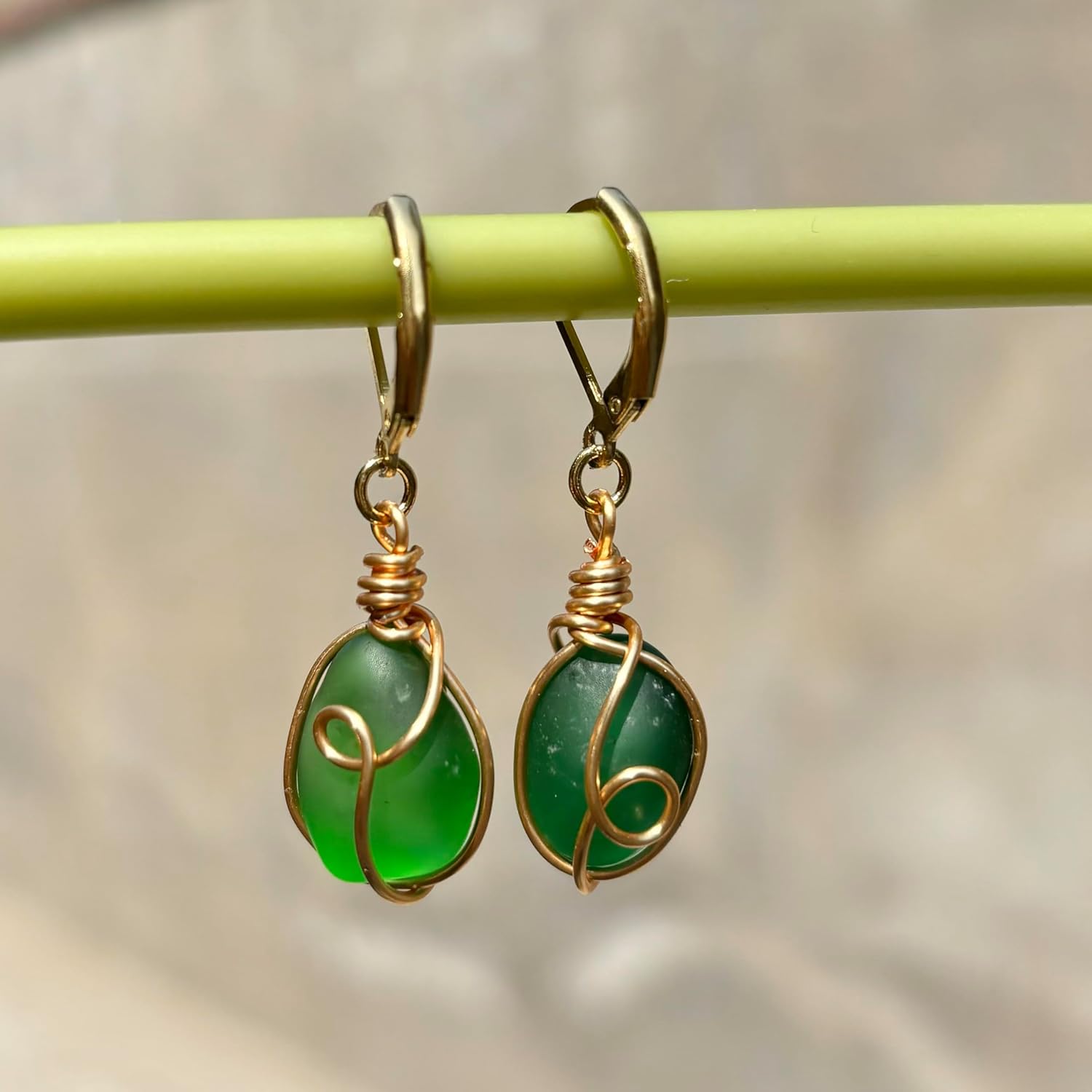 Handmade 14K Gold Sea Glass Wire Wrap Drop Earrings Jewelry (Green),Beach Earrings, Summer Gift, Ocean Jewelry Inspirational Gifts for Women, Mom, Sister - Image 4