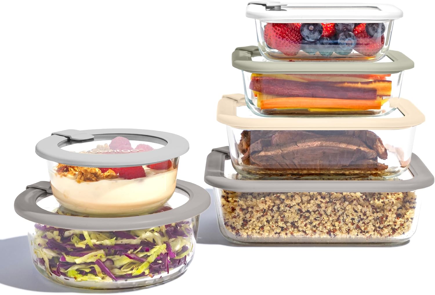 Bentgo Signature Leak-Proof Glass Food Storage - 12-Piece Set, 1-Compartment Plastic-Free Containers with Airtight Glass Lids, BPA-Free, Microwave, Freezer, Oven & Dishwasher Safe (White Stone) - Image 2