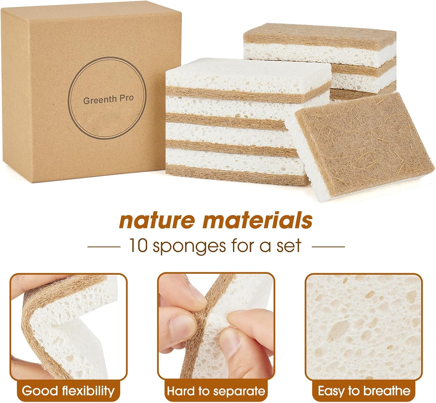 10 Pack Nature Dish Sponge - Natural Kitchen Sponge - Coconut Fiber and Wood Cellulose Scrubber Sponge - Image 4