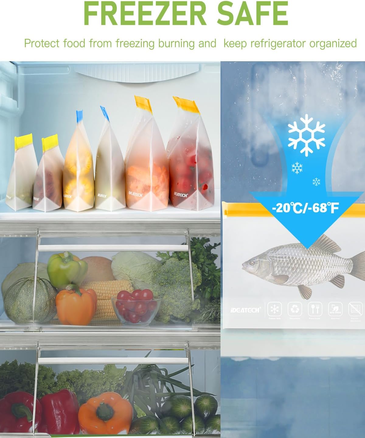 IDEATECH 20Pack Reusable Bags Dishwasher Safe, Leakproof Reusable Freezer Bags, BPA Free Healthy Food Storage Contaizers Sandwich Snack Baggies for Lunch Travel(8 Gallon 6 Quart 6 Snack,Colored) - Image 5