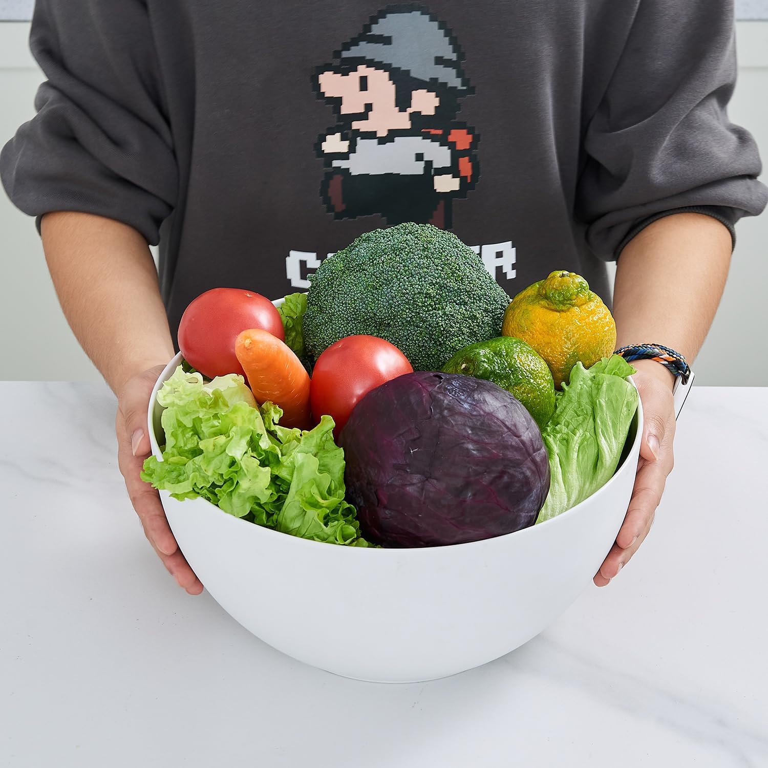 GEHE 12" Salad Bowls, Bamboo Fiber Salad Bowl with Lid, 7.7Qt Extra Large Mixing Bowls with Servers for Kitchen, Salad Serving Bowl Set with Utensils for Salad, Pasta, Fruits, Vegetables and Dessert - Image 8