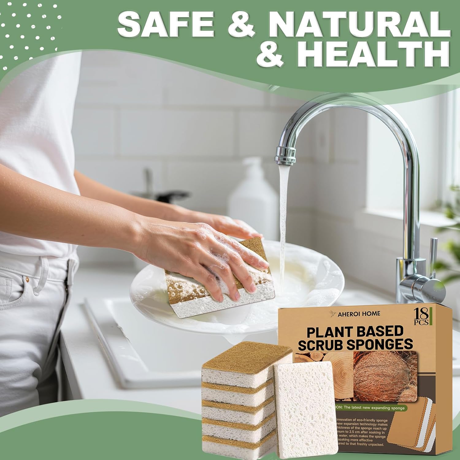 Aheroi Natural Dish Sponge, 18 Count Plant-Based Biodegradable Kitchen Sponges for Dishes, Compostable Eco Friendly Sponges, Organic Cleaning Sponge Dish Scrubber Products for Household, Non Scratch - Image 8