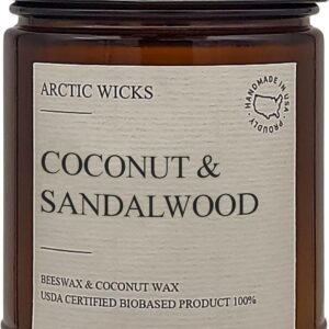 Coconut & Sandalwood Candles | Arctic Wicks Non Toxic Coconut Beeswax Candles | Natural Coconut Beeswax 9oz Amber Jar | Candles Wax Non-Toxic Clean Burn 100% USDA Certified Biobased