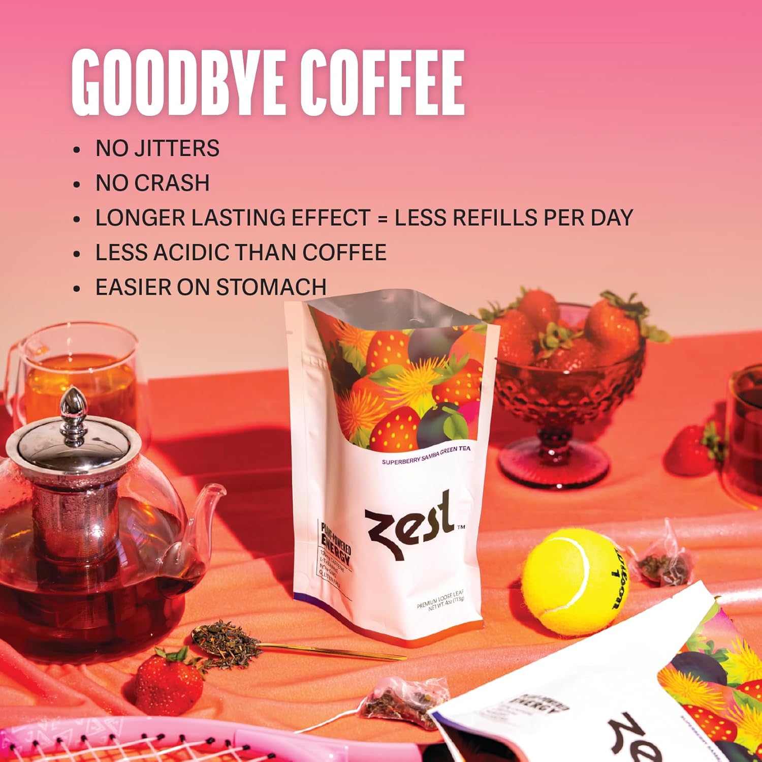 Zest Energy Green Tea - Superberry Samba - High Caffeine Strawberry, Acai, & Passion Fruit Tea - Caffeinated Coffee Altnernative with Antioxidants - Natural, Non-GMO & Keto - 20Ct Pack - 135mg Caf - Image 2