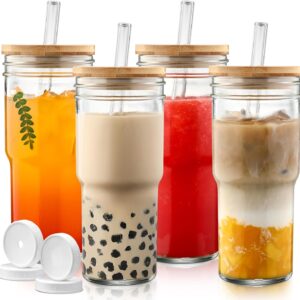 DWTS DANWEITESI Mason Jar with Lid and Straw,24 oz Iced Coffee Cup with Bamboo Lid and Straw,Boba Cups Smoothie Tumbler-Wide Mouth Reusable Glass Cups with Lid and Straws【4 Pack】