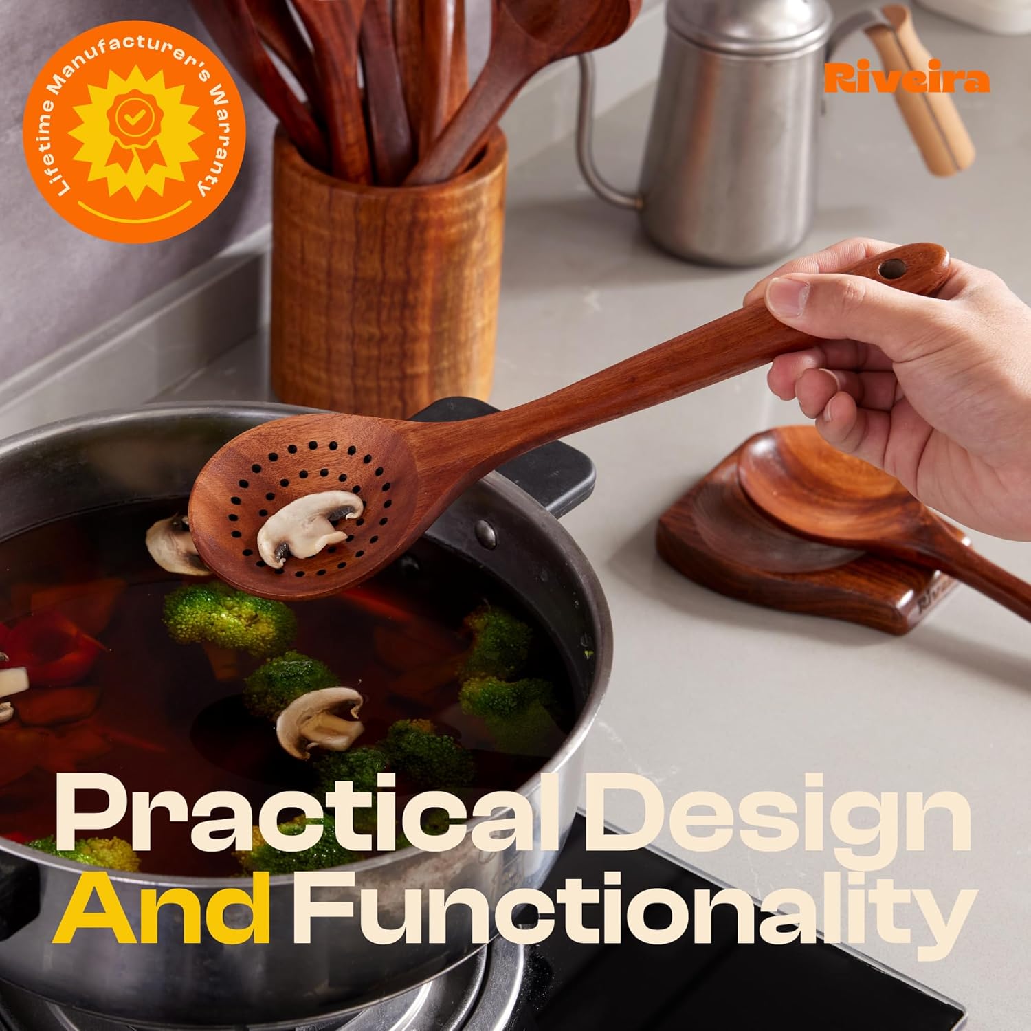 Riveira Dark Teak Kitchen Utensils Set - 12-Piece Non-Toxic Cooking Utensils Set - Wooden Spoons for Cooking - Spatula for Cooking - Teak Wooden Utensils - Image 7