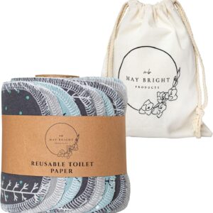 May Bright Reusable Toilet Paper with Washable Canvas Bag – Reusable Bidet Wipes – 2-ply – 15 Pack with Durable Cardboard Roll – Zero Waste Bidet Towels