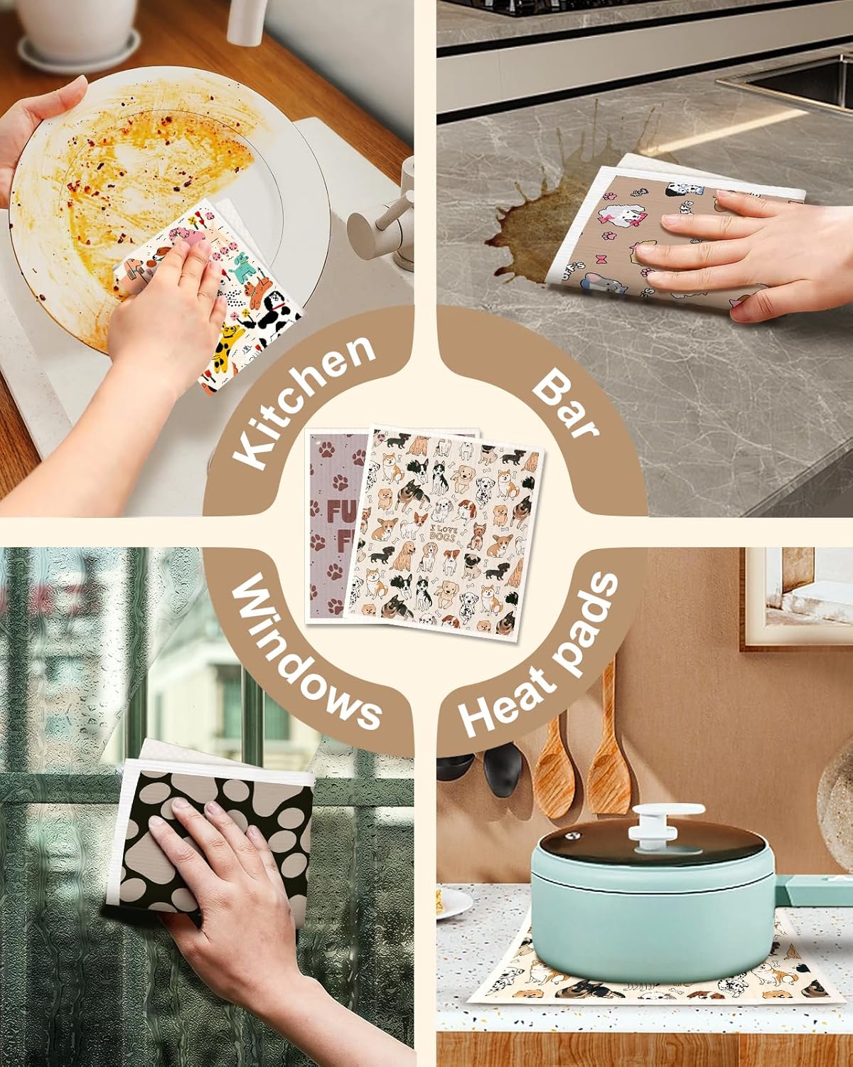 Kitchen Swedish Dishcloths with Hooks - 6 Pack Reusable Dish Cloths for Washing Dishes Fast Drying Cute Fun Swedish Dish Towels Washable Cleaning Sponge, Furry Dog - Image 6