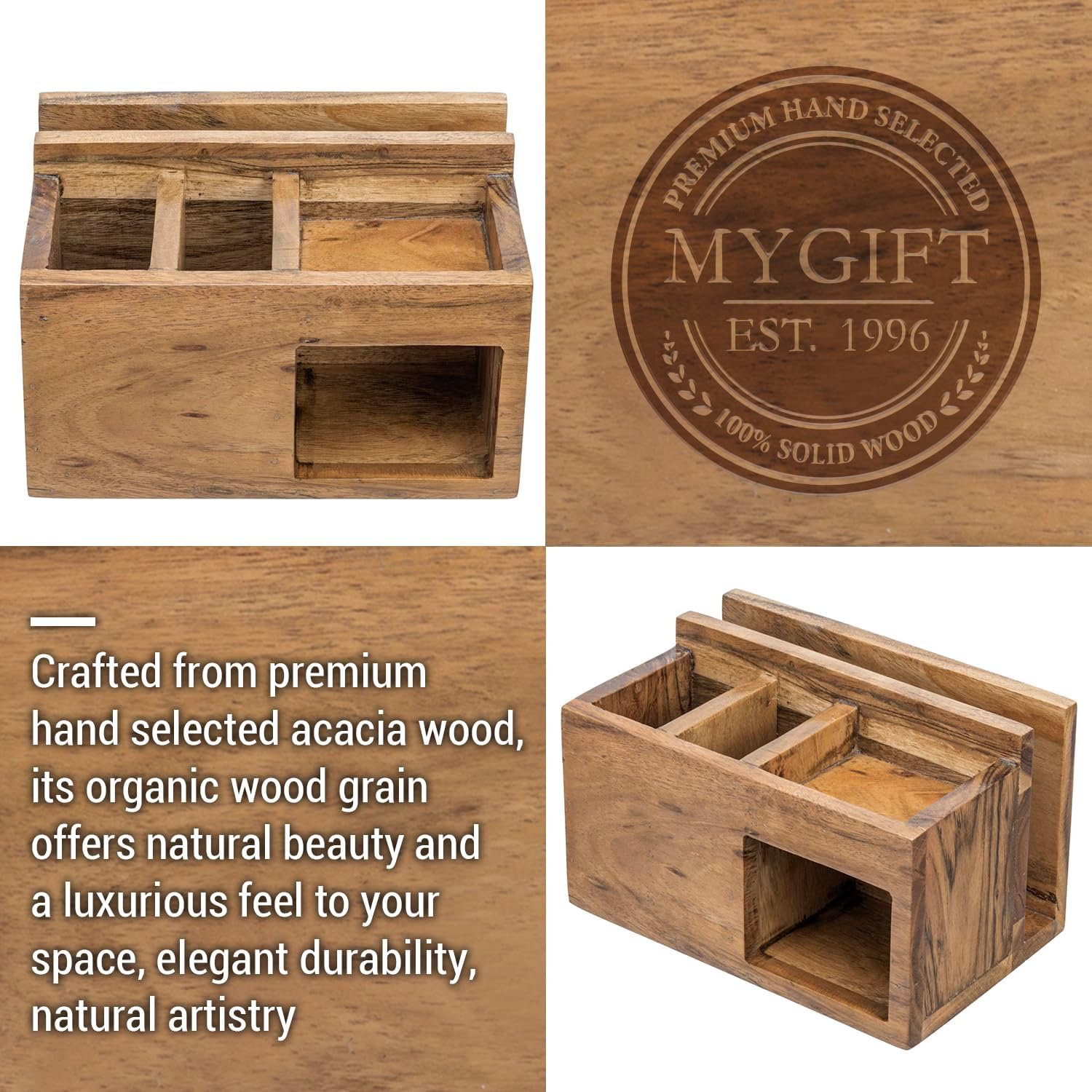 MyGift Rustic Solid Acacia Wood Office Desktop Stationery Organizer, Desk Caddy with Mail Slot, 2 Pen Holders, Sticky Note Storage, and Supplies Tray - Handcrafted in India - Image 7