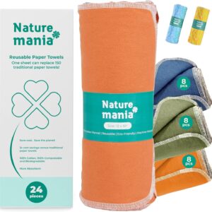 Value Pack of 24 Reusable Paper Towels – Paperless Paper Towels Made with Super-Soft, Pure Absorbent 100% Cotton, Washable Paper Towel Set for Kitchen