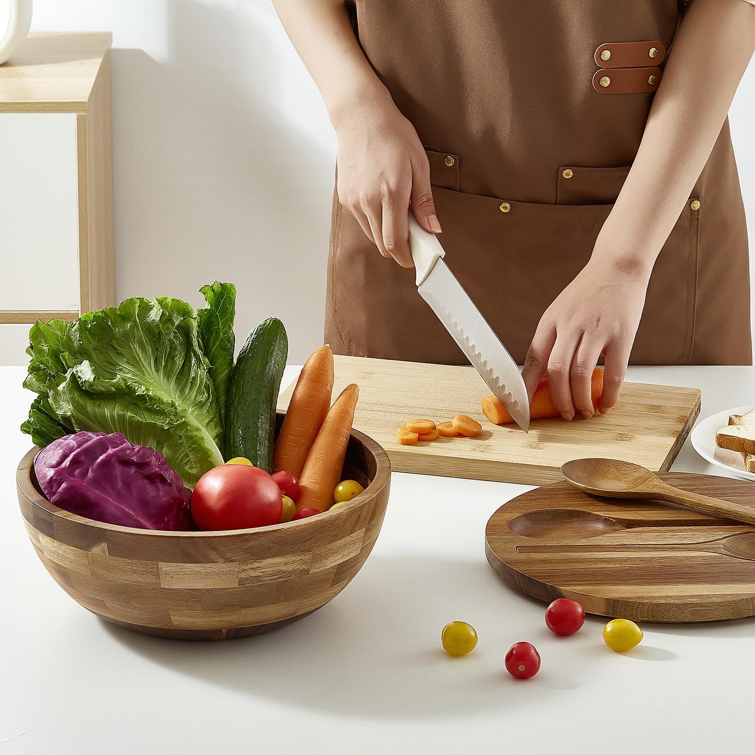 JOYMAY Salad Bowls Wood Salad Bowl Set with Lid Acacia Wood Serving Bowl for Fruits or Salads 10.5" Large Serving Bowl with Serving Utensils, 4 Piece Wooden Mixing Bowl Set for Kitchen, Picnic - Image 4