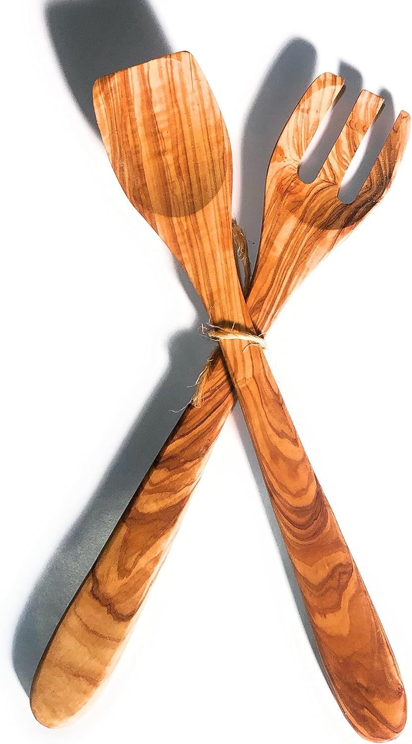 2 pc 14" Long Handle Artisan Olive Wood Salad Server Set- By ORCHARD HARDWOODS- Handmade Salad Spoon and Fork for Serving Salads, Non-Stick Cooking - Image 3