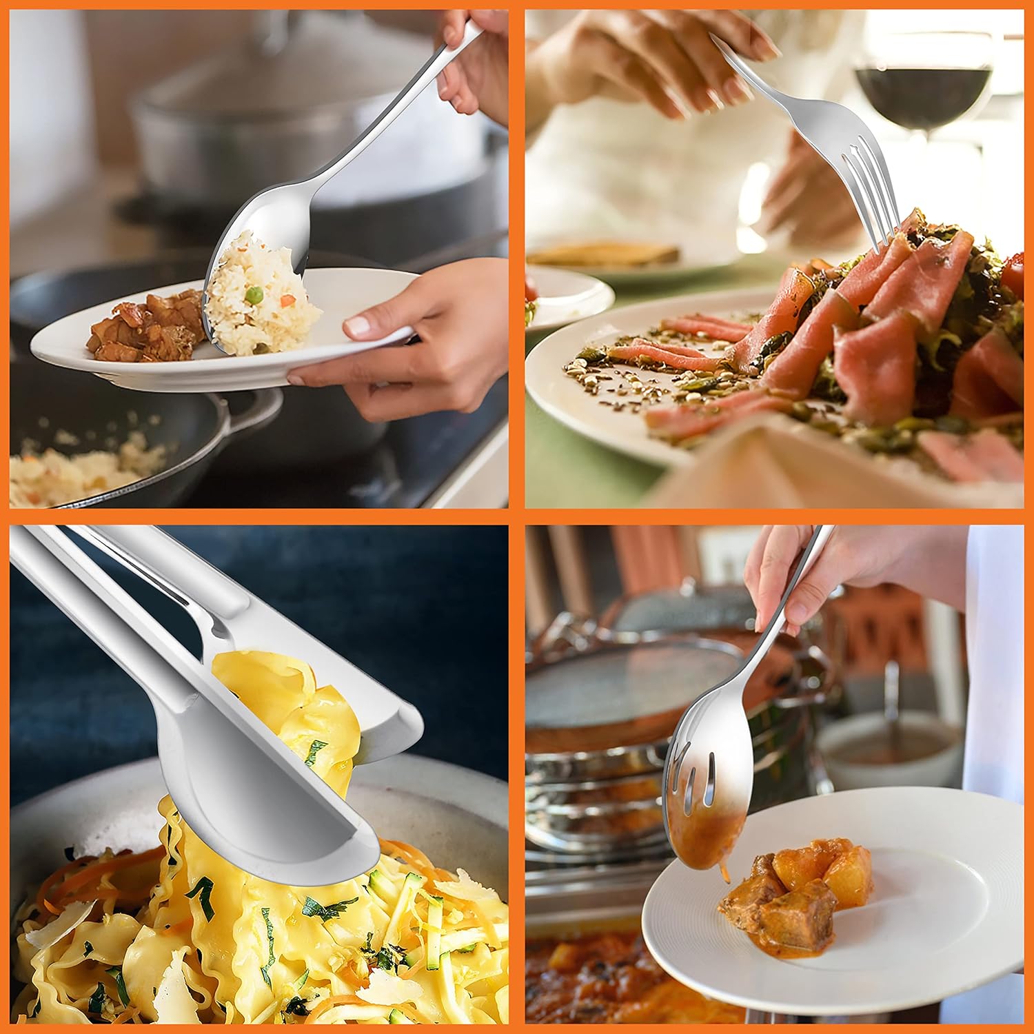 E-far Large Serving Utensils Set of 8, Stainless Steel 9.8 Inch Serving Spoons Slotted Spoon, 9.9 Inch Serving Fork, 9.4 Inch Serving Tong for Buffet Catering Banquet, Mirror Finish & Dishwasher Safe - Image 4