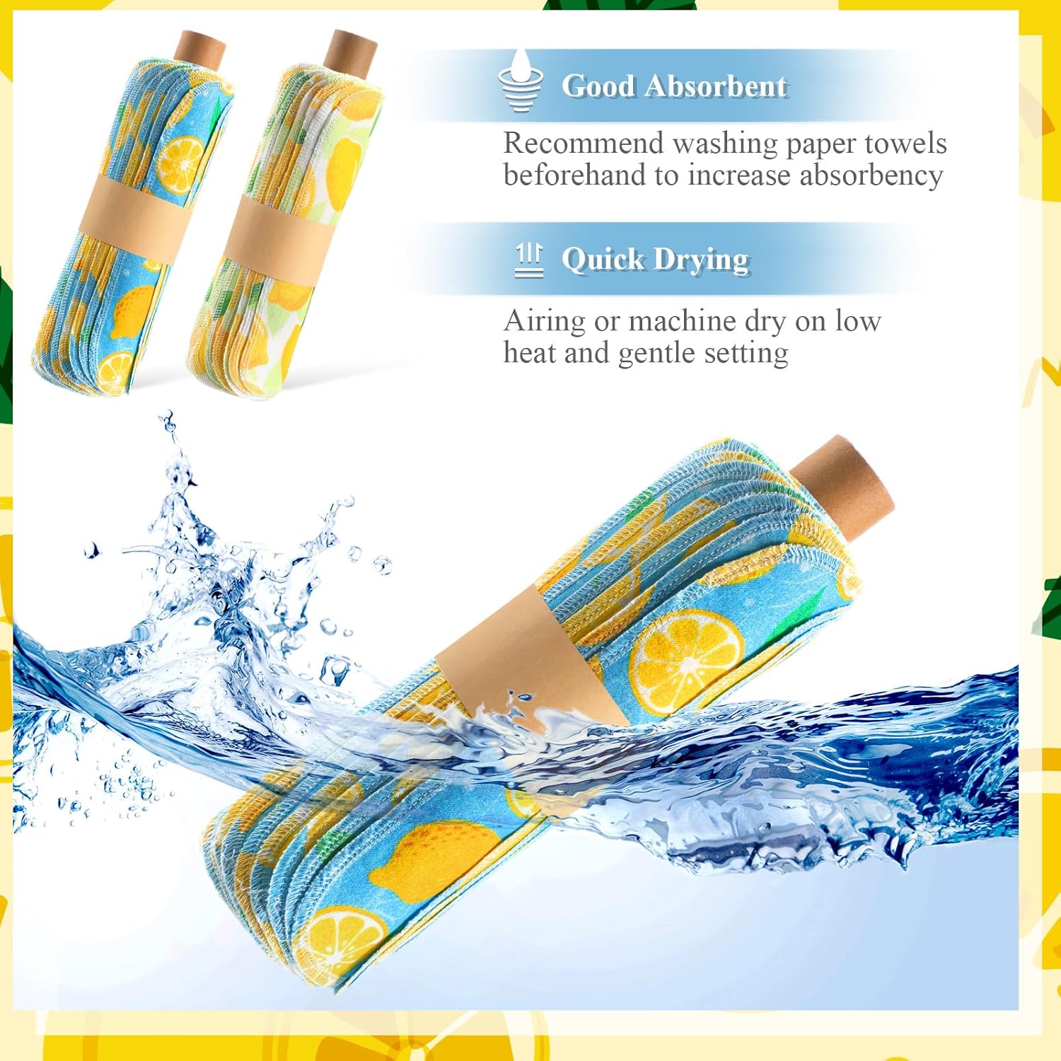 Redbaker 50 Pcs Reusable Paper Towels Paperless Reusable Cotton Cloths Toilet Absorbent Washable Paper Towels with Roll Kitchen Dishcloth for Kitchen Paperless Dishcloths(Lemon) - Image 5