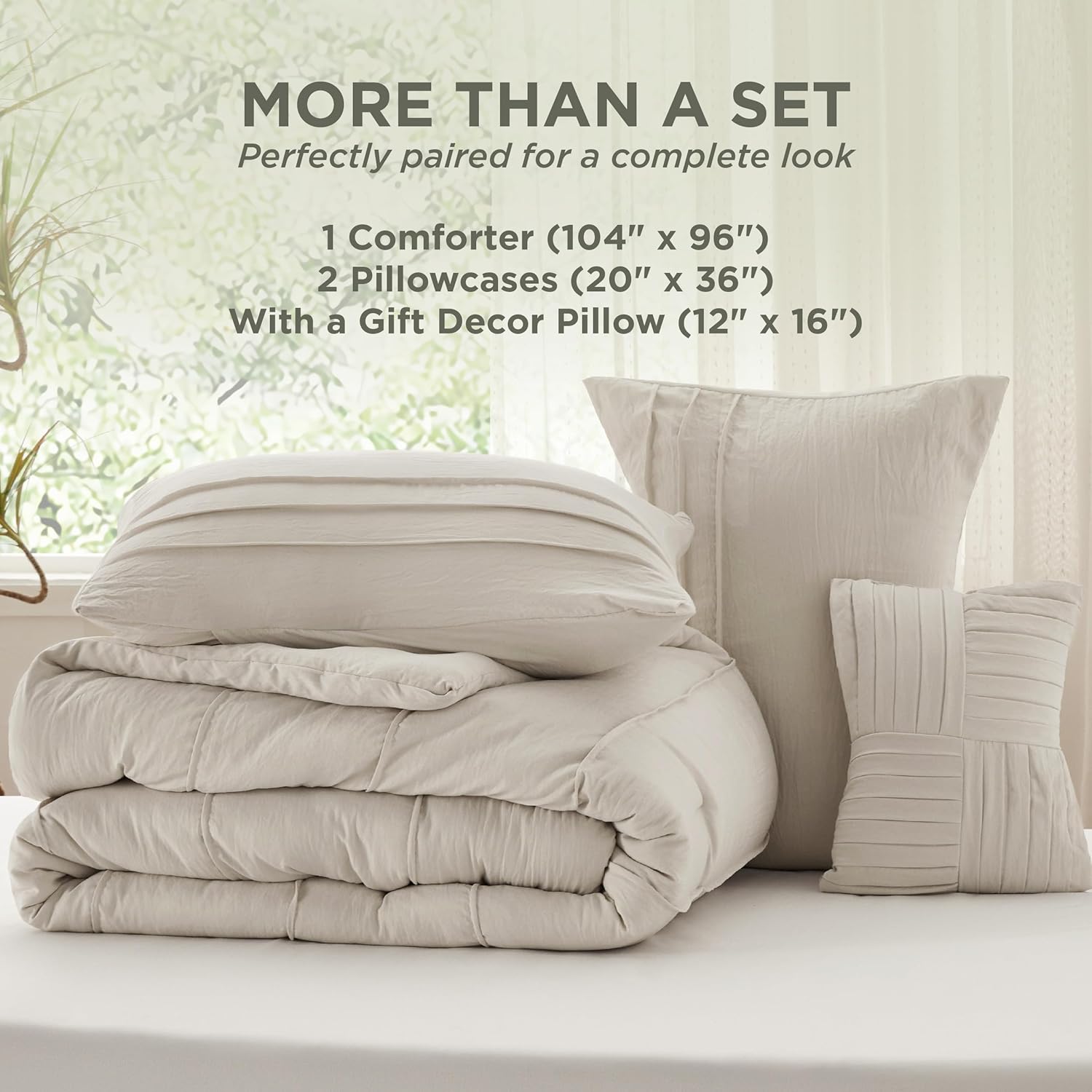 Bedsure California King Comforter Set - 4 Pieces Pinch Pleat Bed Set, Beige Boho Bedding for All Season, 1 Soft Comforter, 2 Pillowcases, 1 Decorative Pillow - Image 6