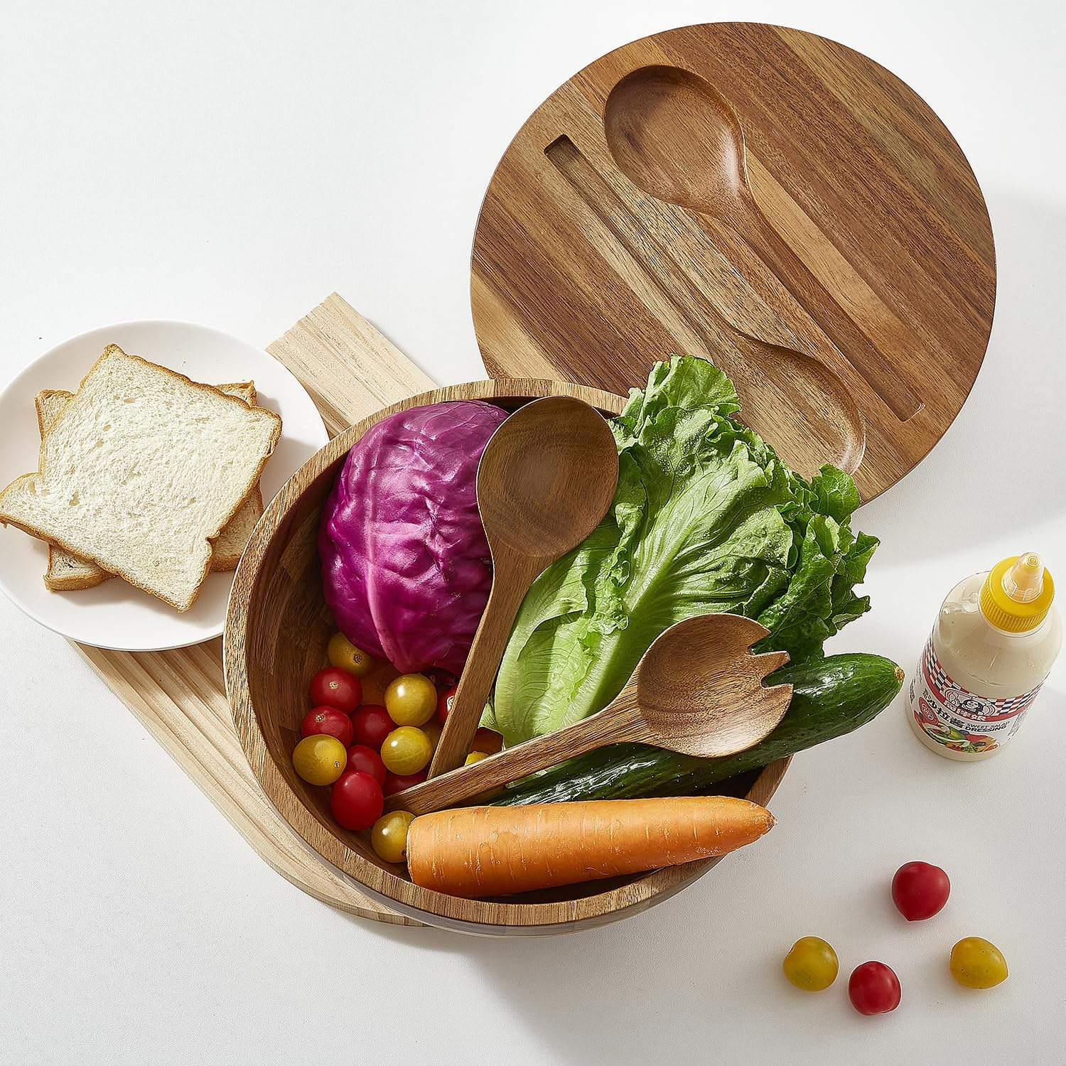 JOYMAY Salad Bowls Wood Salad Bowl Set with Lid Acacia Wood Serving Bowl for Fruits or Salads 10.5" Large Serving Bowl with Serving Utensils, 4 Piece Wooden Mixing Bowl Set for Kitchen, Picnic - Image 7