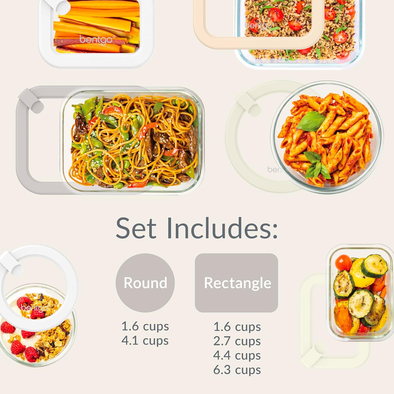 Bentgo Signature Leak-Proof Glass Food Storage - 12-Piece Set, 1-Compartment Plastic-Free Containers with Airtight Glass Lids, BPA-Free, Microwave, Freezer, Oven & Dishwasher Safe (White Stone) - Image 7