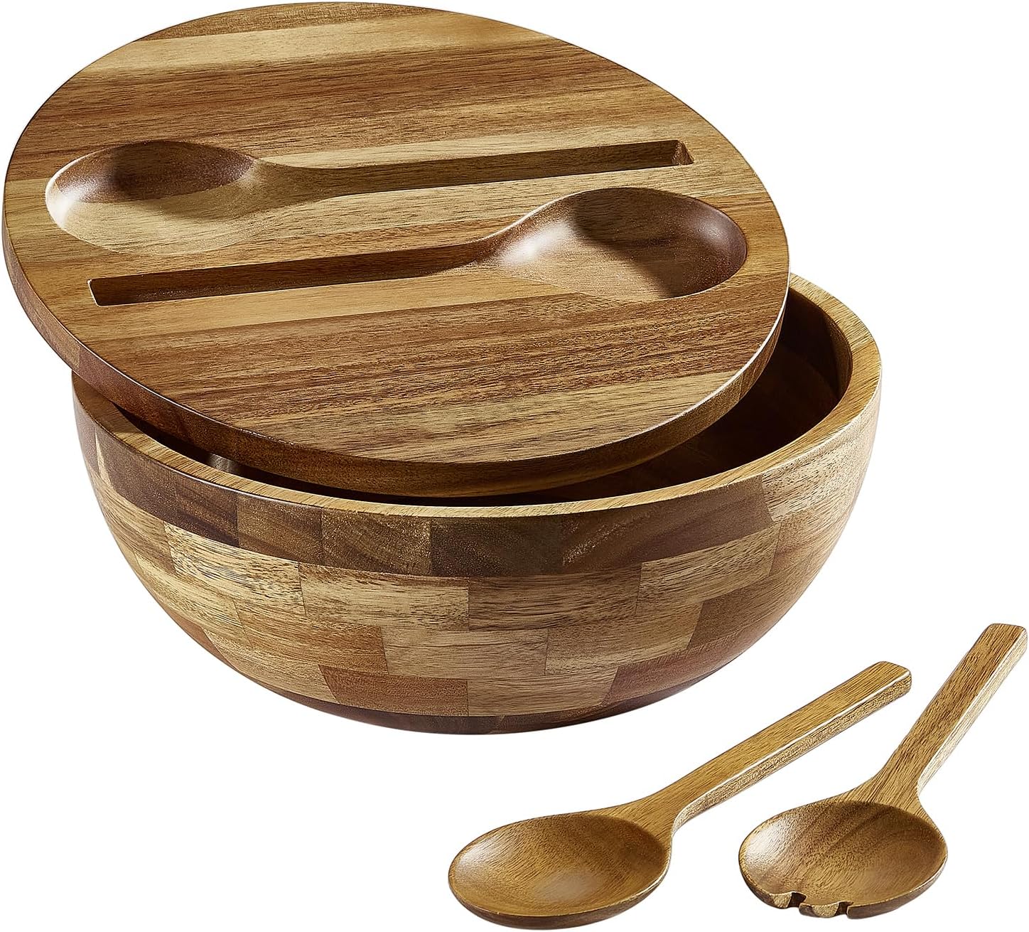 JOYMAY Salad Bowls Wood Salad Bowl Set with Lid Acacia Wood Serving Bowl for Fruits or Salads 10.5" Large Serving Bowl with Serving Utensils, 4 Piece Wooden Mixing Bowl Set for Kitchen, Picnic - Image 2