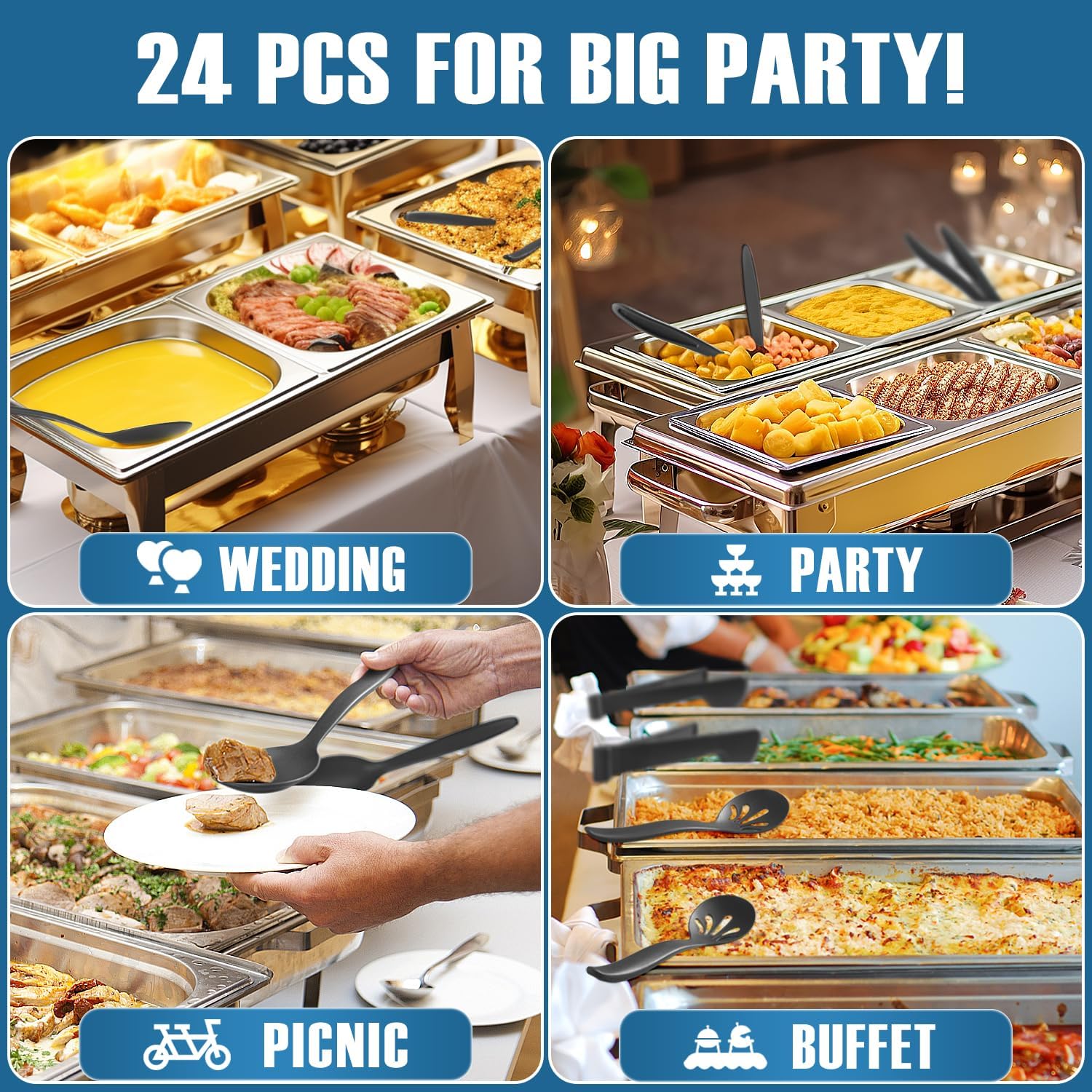 Reusable Plastic Serving Utensils Set of 24, Wheat straw Large Serving set 10" Serving Spoons/10" Slotted Spoons/9.4" Tongs, for Party Chafing Dish Buffet Catering (Black, Not for Cooking) - Image 8