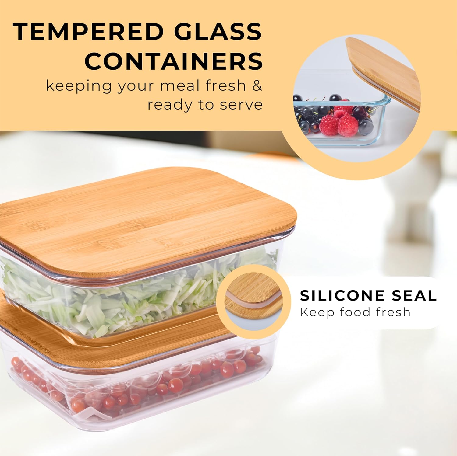 Prosumer's Choice Glass Food Storage Containers with Bamboo Lids (Pack of 2) - Stackable Meal Prep Container - Airtight Glass Food Containers with Lids - Reusable Lunch Pack - 36 Oz - Image 5