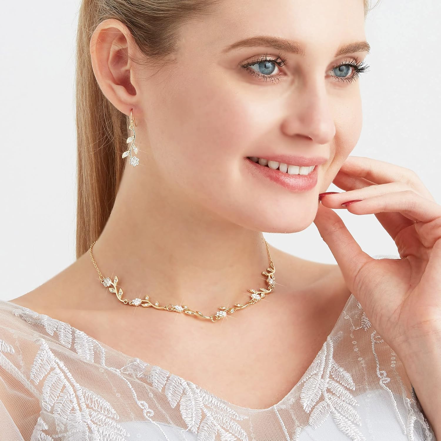 Bridesmaid Gift Jewelry Sets of 1 4 6 7 8 for Wedding,Pave Crystal Simulated Diamond Leaf Flower Jewelry Set for Bridesmaid - Image 4