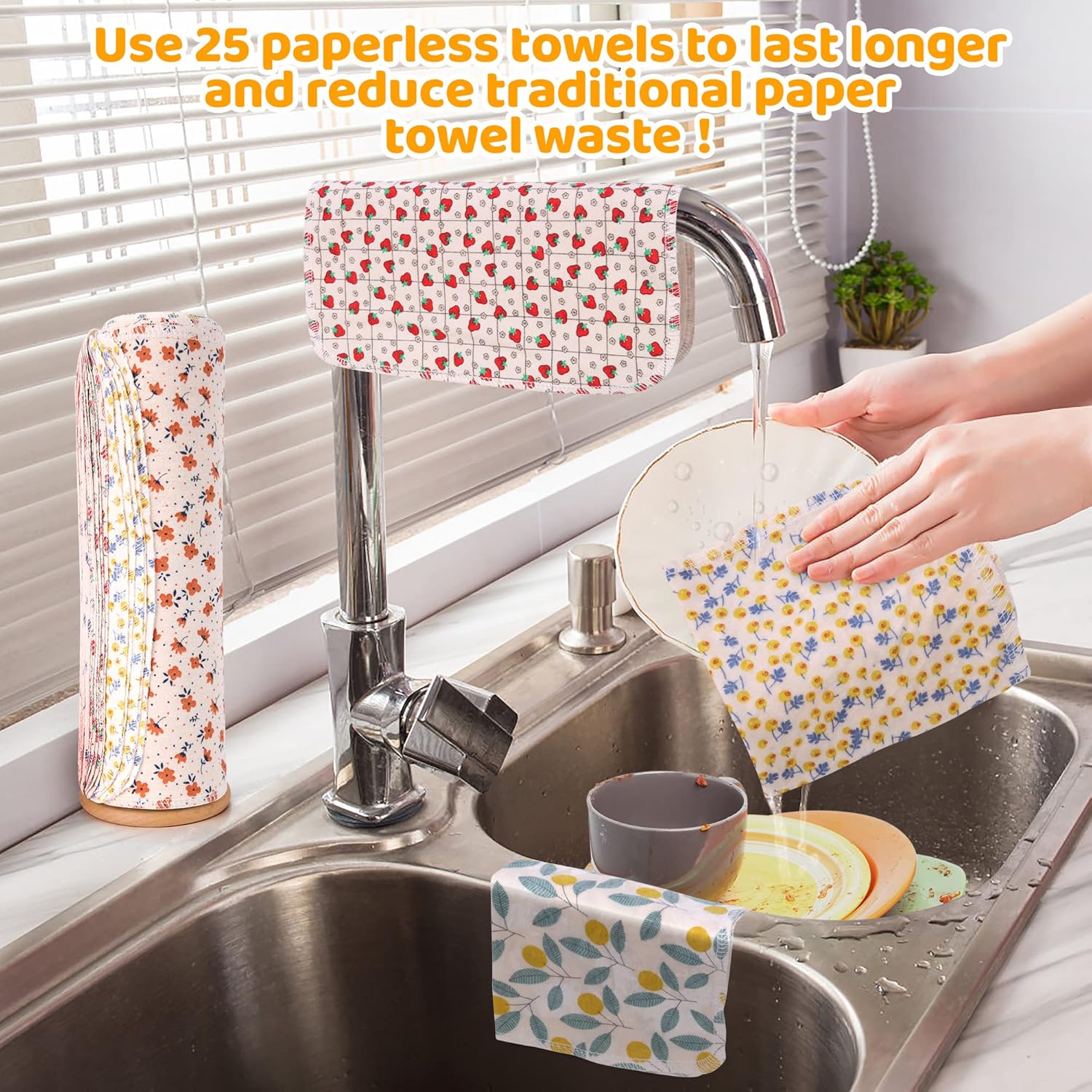 Reusable Paper Towels Roll, 25 Packs Washable Cotton Flannel Paper Towels, w/Cardboard Roll, 10 X 10in Super Soft, Absorbent, Fits on All Holders Kitchen Cloths Paper Towels - Image 7