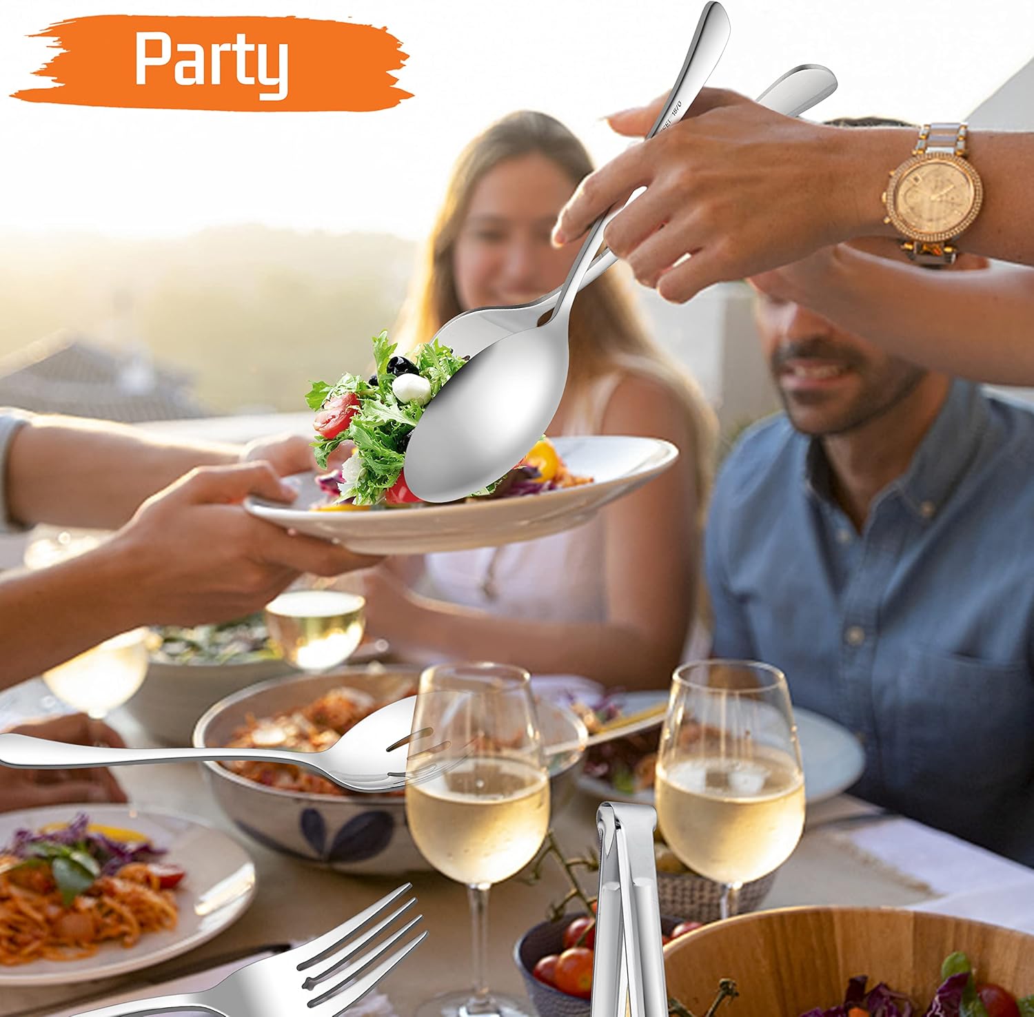 E-far Large Serving Utensils Set of 8, Stainless Steel 9.8 Inch Serving Spoons Slotted Spoon, 9.9 Inch Serving Fork, 9.4 Inch Serving Tong for Buffet Catering Banquet, Mirror Finish & Dishwasher Safe - Image 7