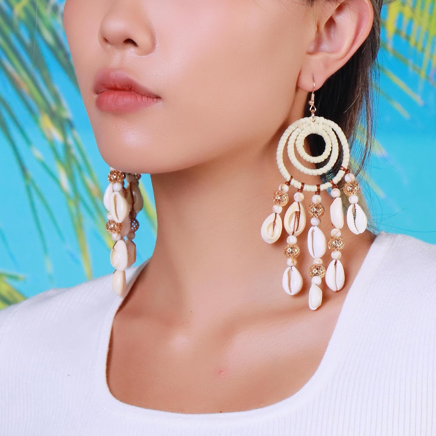 BOCAR Statement Boho Rattan Shell Dangle Earrings for Women Handmade Summer Vocation Beach Tropical Accessories Jewelry Gift (ER-1013-Beige) - Image 3