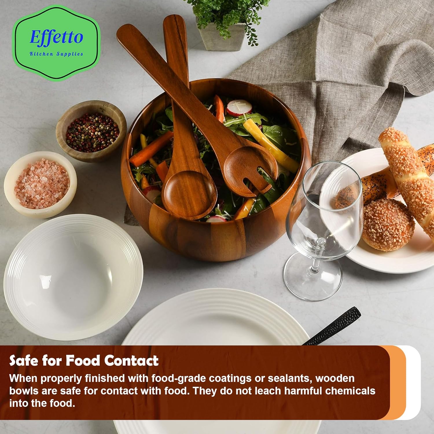 Effetto Acacia 3-Piece Wooden Salad Bowl Set | Large Serving Bowl with Salad Spoon and Fork Serving Utensils | Food Safe & Sustainable Big Mixing Bowl for Fruits, Salad, Cereal, Soup and More - Image 6