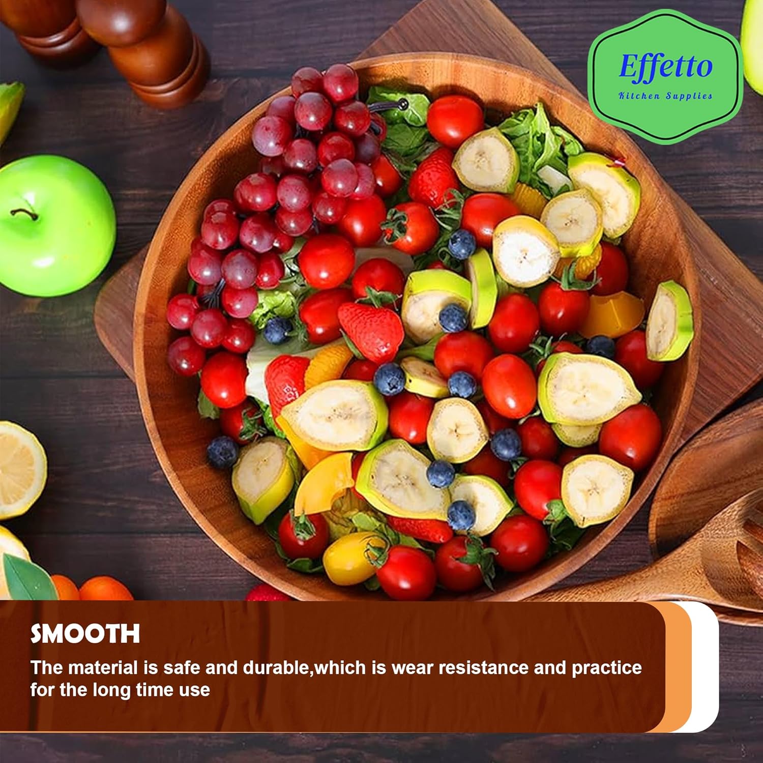 Effetto Acacia 3-Piece Wooden Salad Bowl Set | Large Serving Bowl with Salad Spoon and Fork Serving Utensils | Food Safe & Sustainable Big Mixing Bowl for Fruits, Salad, Cereal, Soup and More - Image 7