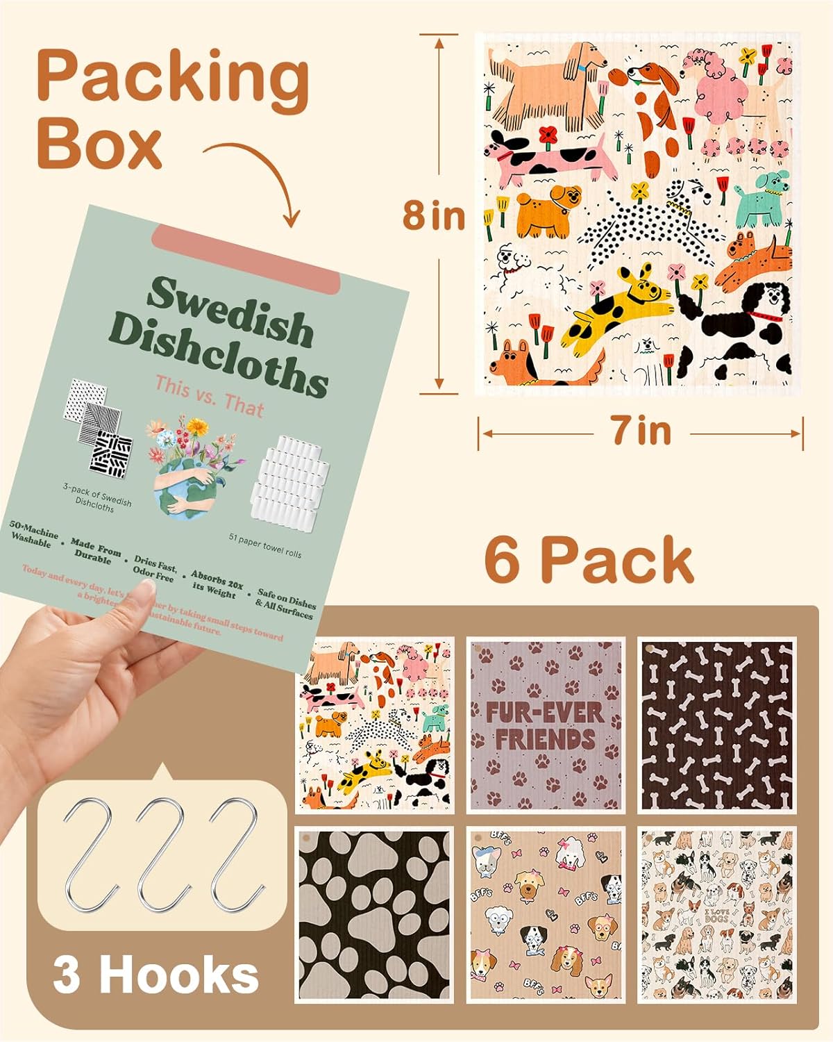 Kitchen Swedish Dishcloths with Hooks - 6 Pack Reusable Dish Cloths for Washing Dishes Fast Drying Cute Fun Swedish Dish Towels Washable Cleaning Sponge, Furry Dog - Image 2