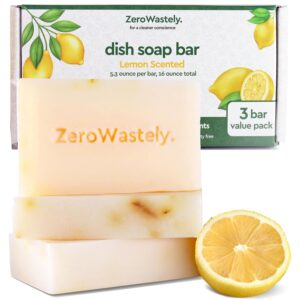 Natural Dish Soap Bar – Value Pack of 3 Solid Soap Block 16oz – Lemon Scented, Long Lasting, Skin Friendly – Sustainably Made from 100% Organic Ingredients – Plastic Free Dish Soap