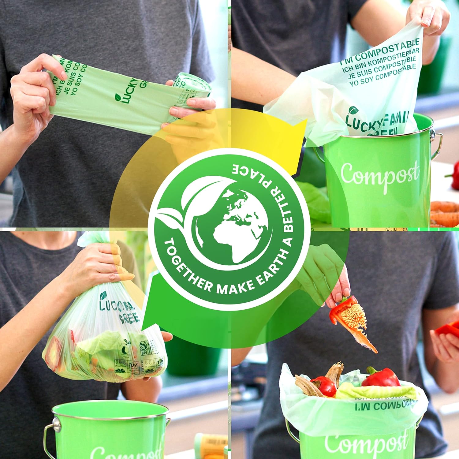 Lucky Family Green Compost Bags for Kitchen Countertop Bin -1.3 gallon trash bags to 1.6 Gallon trash bags - 100% Compostable Trash Bags for Food Waste, Organic Biodegradable Bags - Image 7