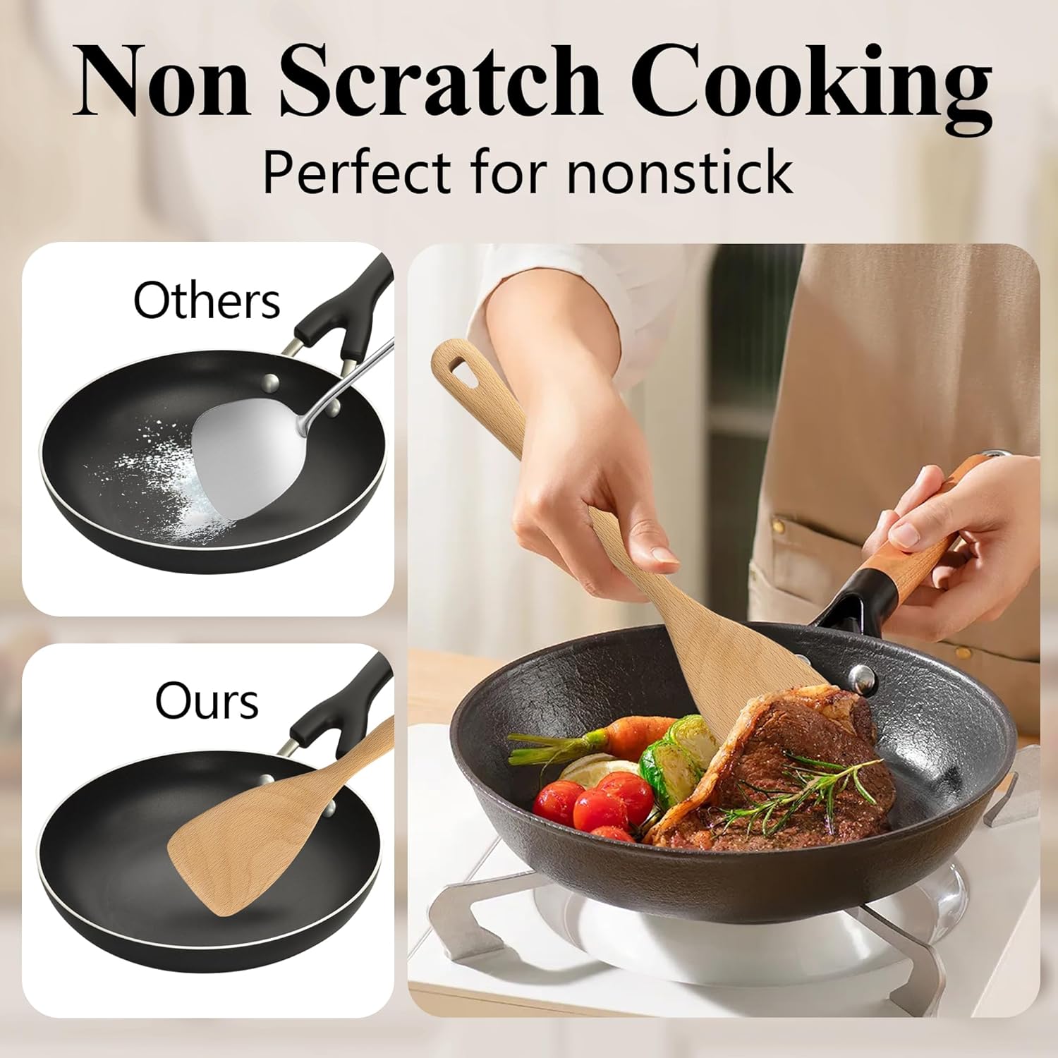 Wooden Spatula Set, 6 Pack Kitchen Wood Slotted Spoon Spatulas Turner Utensils for Cooking, Non Toxic Solid Wooden Spatulas Natural Wood Serving Spoons Spaghetti Utensil Set for Nonstick Cookware - Image 4