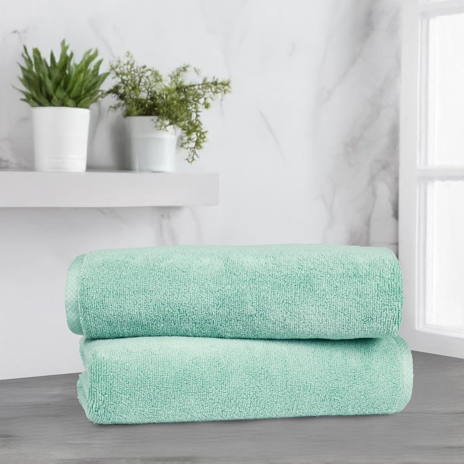 Amazon Basics 100% Cotton Quick-Dry Lightweight Moisture Absorbing Bath Towel, 2-Pack, Seafoam Green, 54" x 30" - Image 6