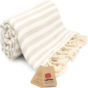 Bazaar Anatolia Turkish Bath Towel – 100% Cotton, Quick Dry Boho Farmhouse Decor, Autumn Throw Blanket for Bathroom – Oversized 71×39 Inches – Arpa Beige