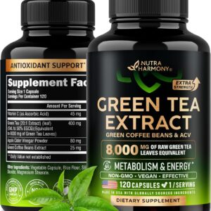 Green Tea Extract Capsules with Green Coffee Beans & Apple Cider Vinegar – Energy & Metabolism Support – Green Tea Supplement 50% EGCG – 20:1 Natural Extract – for Men & Women – 120 Vegan Capsules