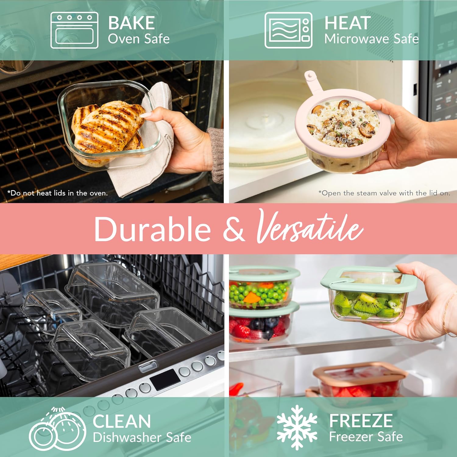 Bentgo Signature Leak-Proof Glass Food Storage - 8-Piece Set, 1-Compartment Plastic-Free Containers with Airtight Glass Lids, BPA-Free, Microwave, Freezer, Oven & Dishwasher Safe (Desert Sage) - Image 5